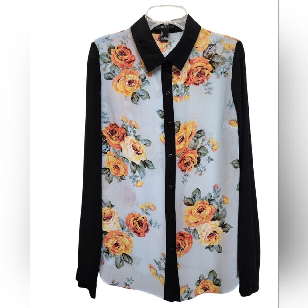 Forever 21 Sheer Black Blue Floral Button Down Shirt, Size Small